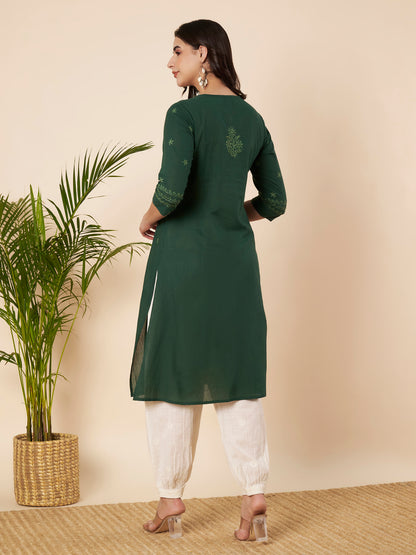 Bottle Green Straight Fit Chikankari Kurta