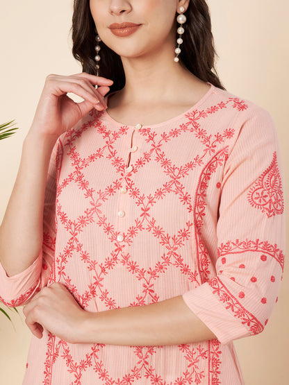 Peach Straight Fit Chikankari Kurta