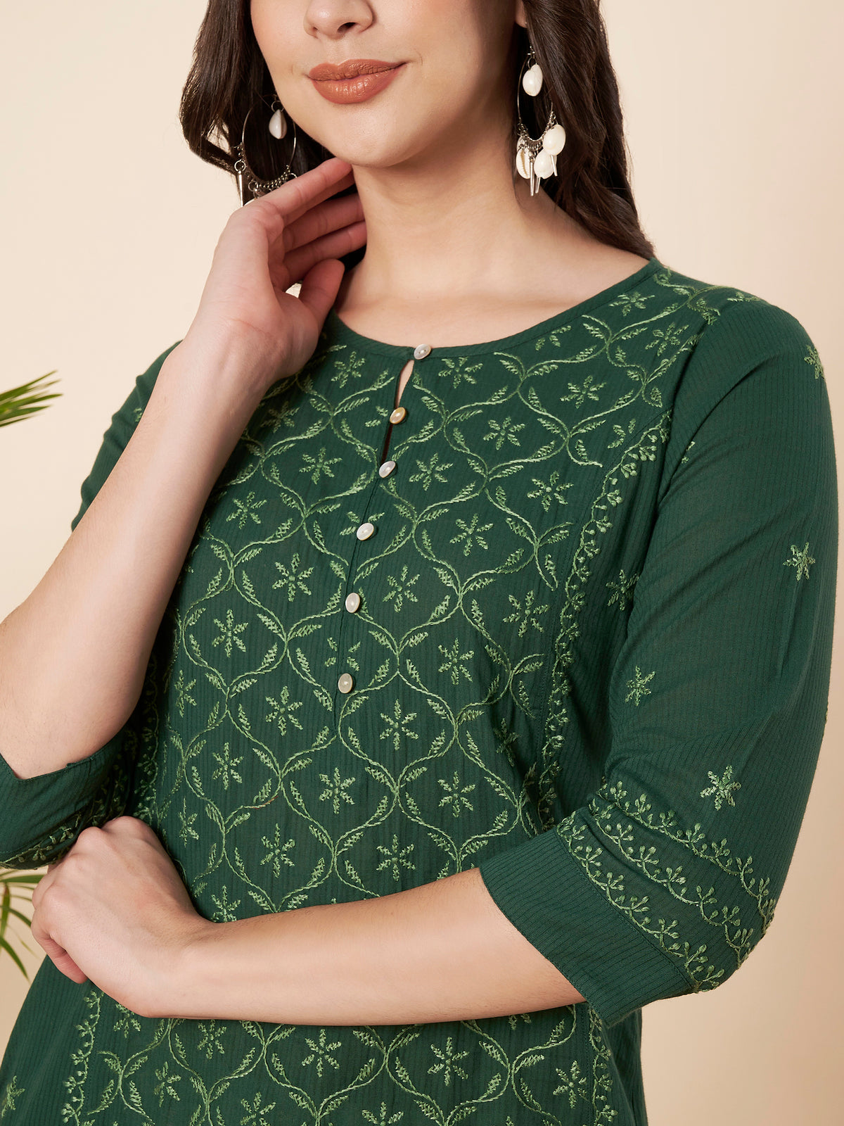 Bottle Green Straight Fit Chikankari Kurta