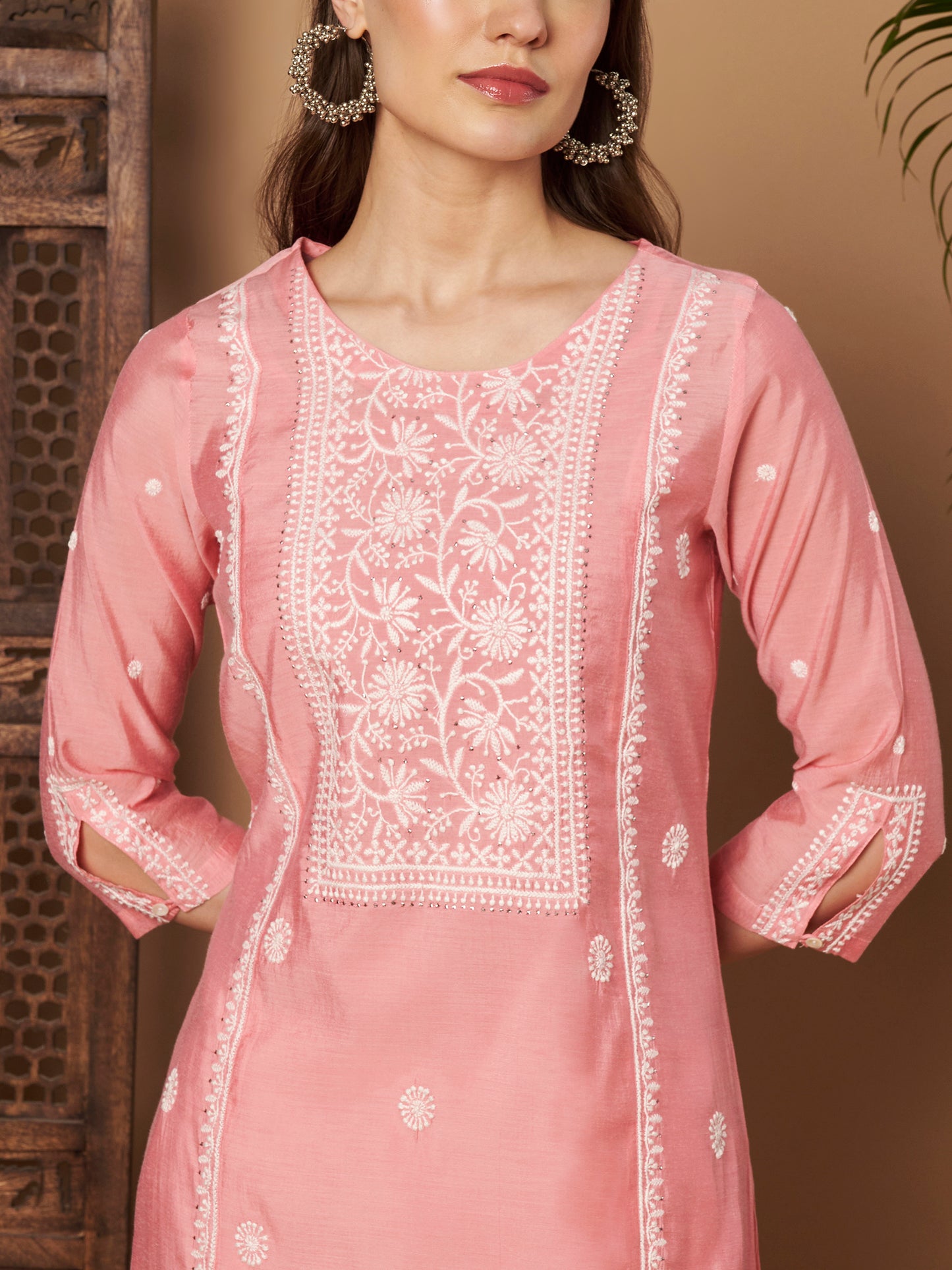 Rose Pink Chanderi Silk Embroidered Kurta