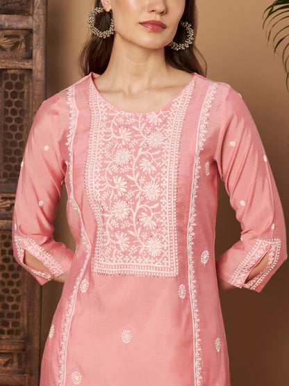 Rose Pink Chanderi Silk Embroidered Kurta