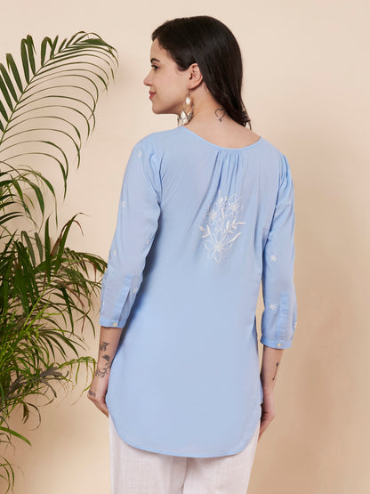 Ice Blue Chikankari Cotton Top