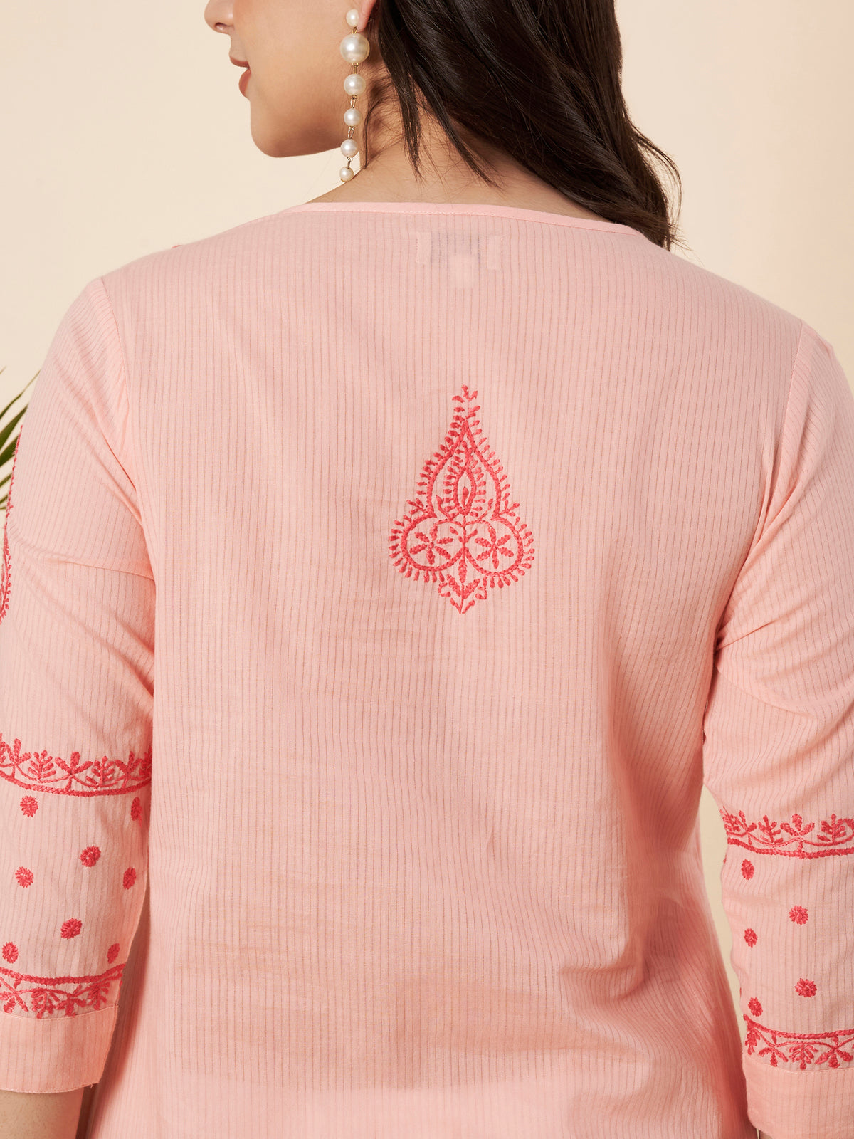 Peach Straight Fit Chikankari Kurta