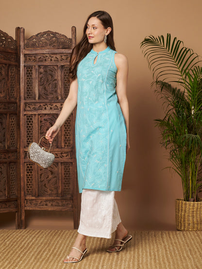 Ice Blue Sleeveless Chikankari Kurta