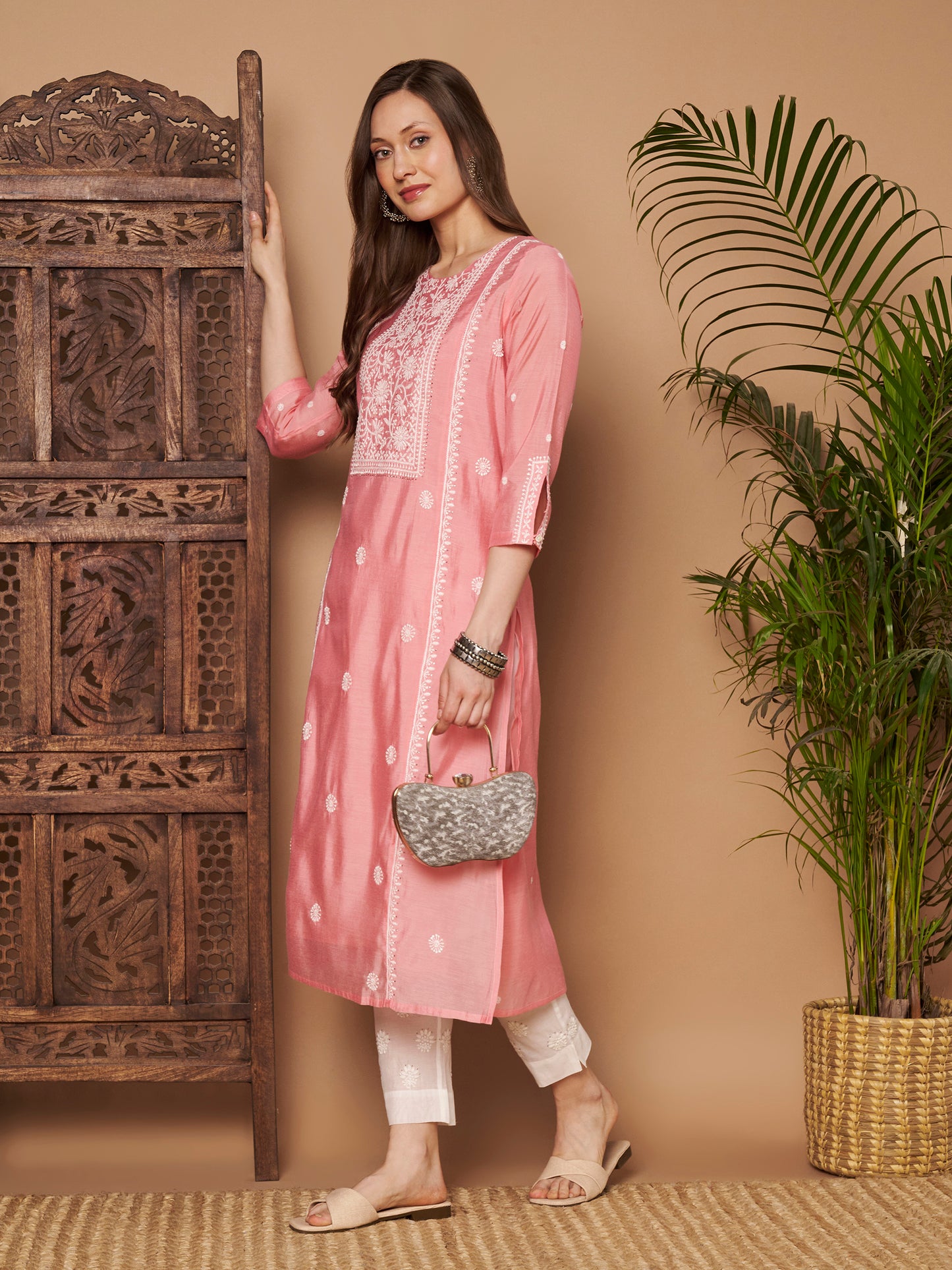 Rose Pink Chanderi Silk Embroidered Kurta