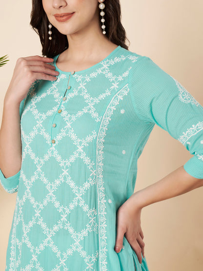 Sky Blue Straight Fit Chikankari Kurta