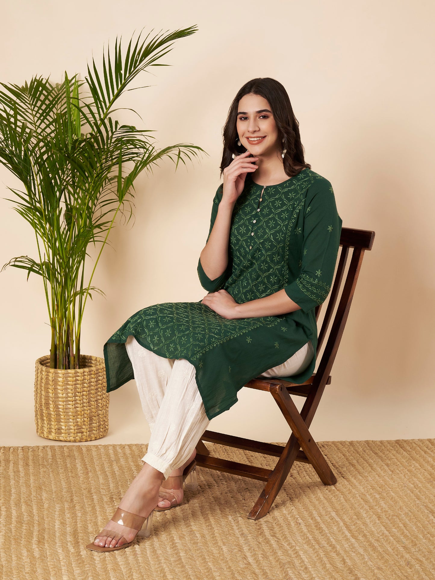 Bottle Green Straight Fit Chikankari Kurta