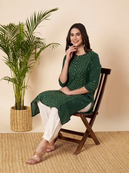 Bottle Green Straight Fit Chikankari Kurta