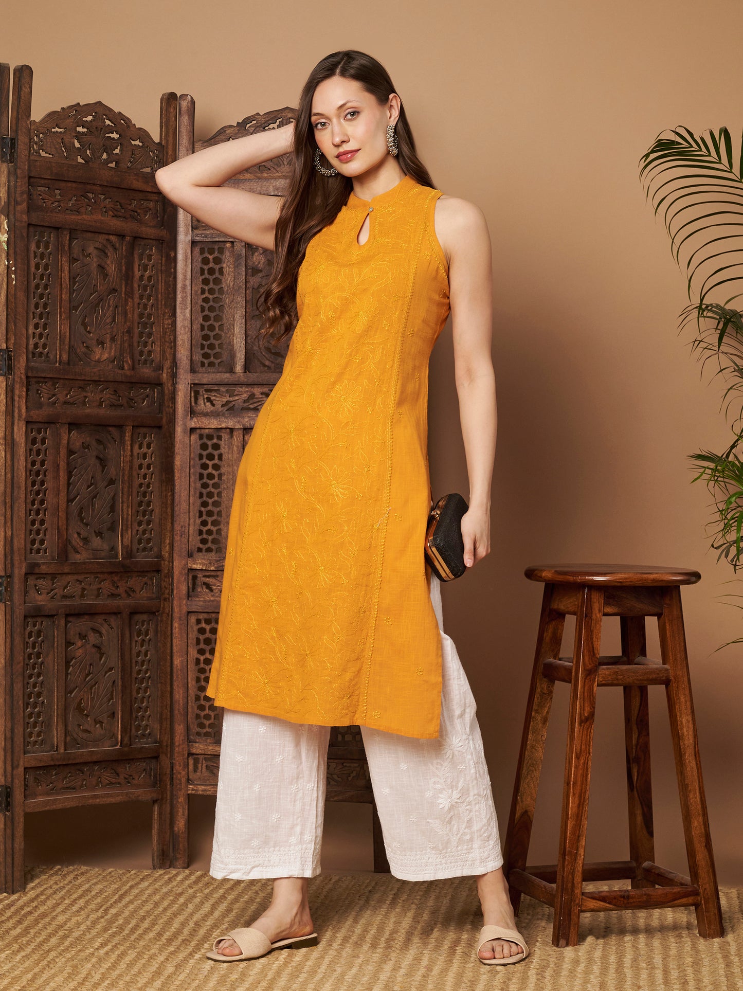 Mango Yellow Sleeveless Chikankari Kurta