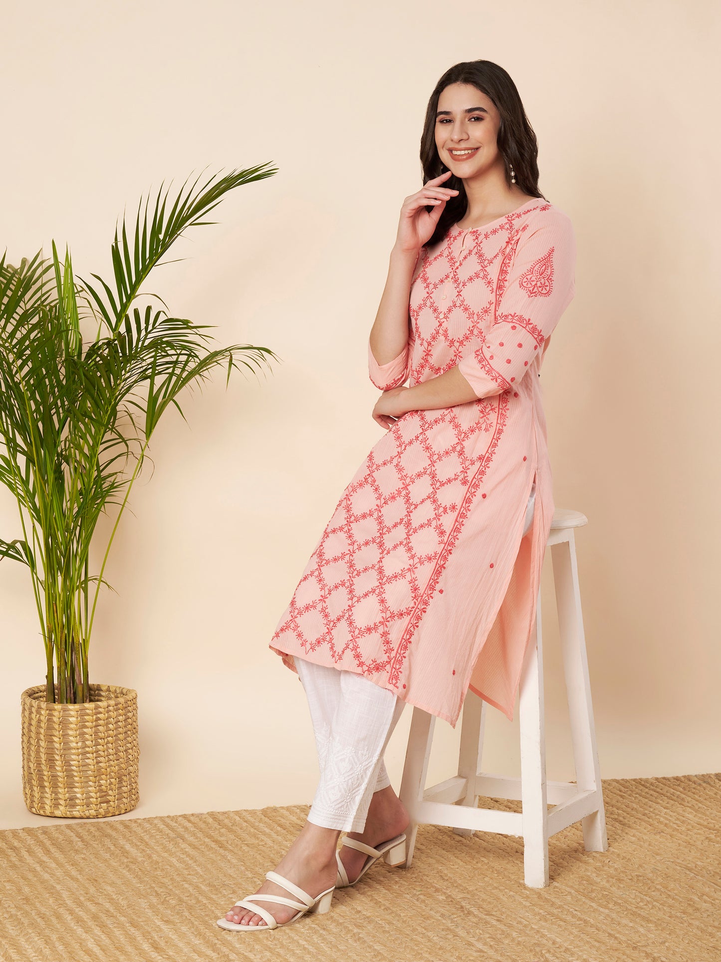 Peach Straight Fit Chikankari Kurta