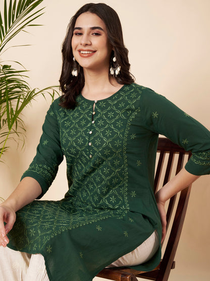 Bottle Green Straight Fit Chikankari Kurta