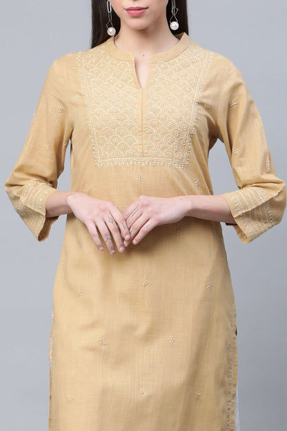 Beige Cotton Chikankari Straight Kurta