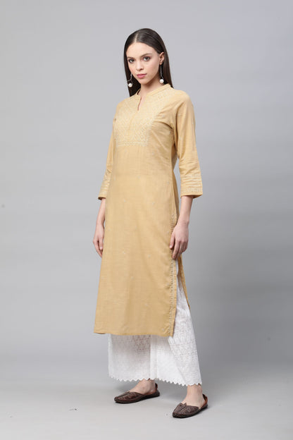 Beige Cotton Chikankari Straight Kurta