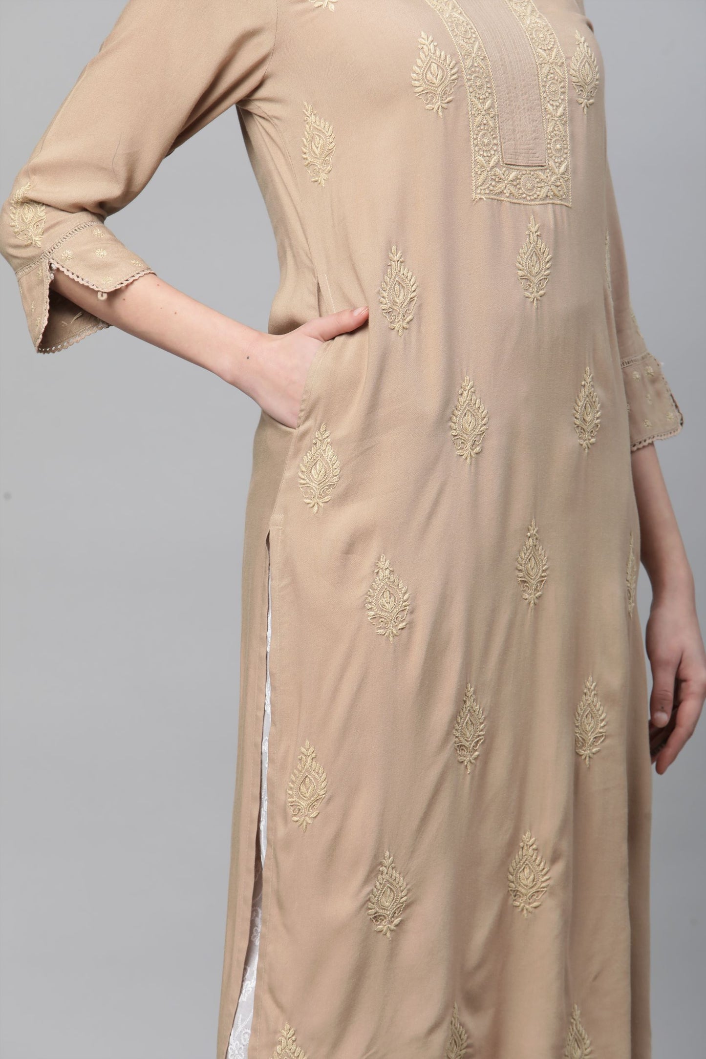 Beige Chikankari Kurta with Pockets