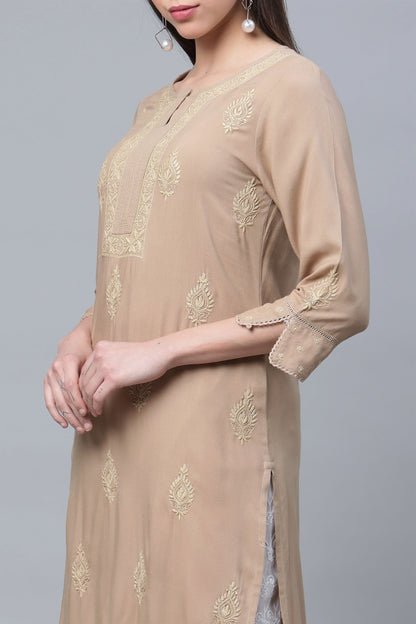 Beige Chikankari Kurta with Pockets