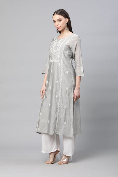 CHKA243GY  Grey Chanderi Silk Chikankari Kurta