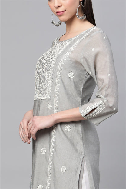CHKA243GY  Grey Chanderi Silk Chikankari Kurta