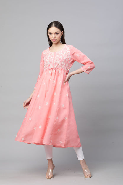 Pink Chikankari Flared Kurta with Waist Tie-Ups