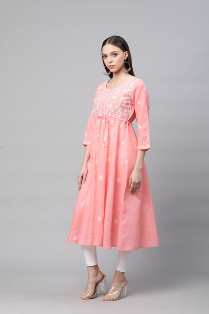 Pink Chikankari Flared Kurta with Waist Tie-Ups