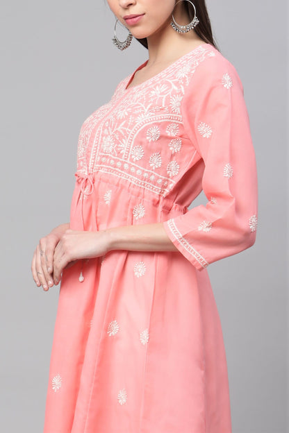 Pink Chikankari Flared Kurta with Waist Tie-Ups