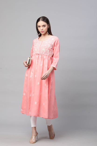 Pink Chikankari Flared Kurta with Waist Tie-Ups