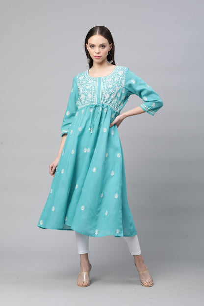 Blue Chikankari A-line Kurta with Waist Tie-Ups