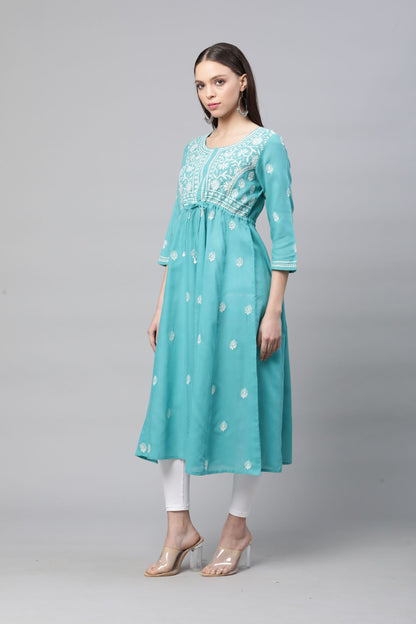 Blue Chikankari A-line Kurta with Waist Tie-Ups