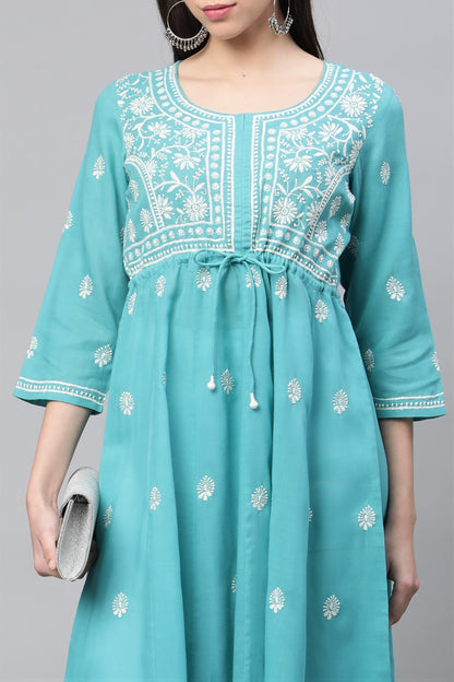 Blue Chikankari A-line Kurta with Waist Tie-Ups