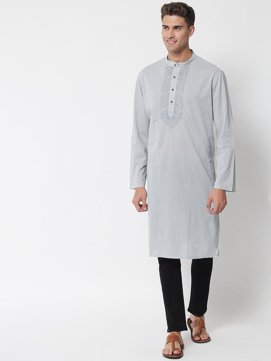 Men's Grey Cotton Chikankari Kurta