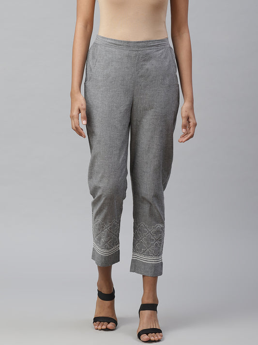 Grey Cropped Chikankari Trousers