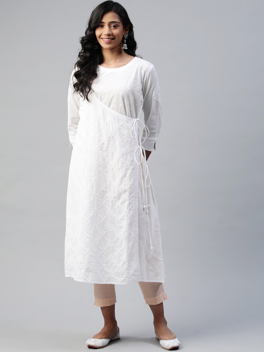 White Embroidered Angarkha with Side Tie-Ups