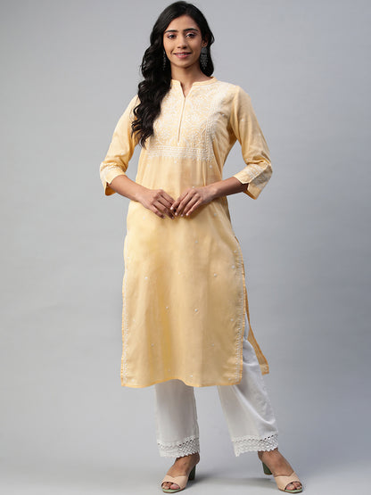 Yellow Self-Striped Kurta with Embroidered Yoke