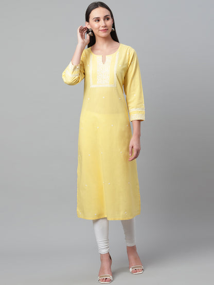 Lemon Yellow Long Chikankari Kurta