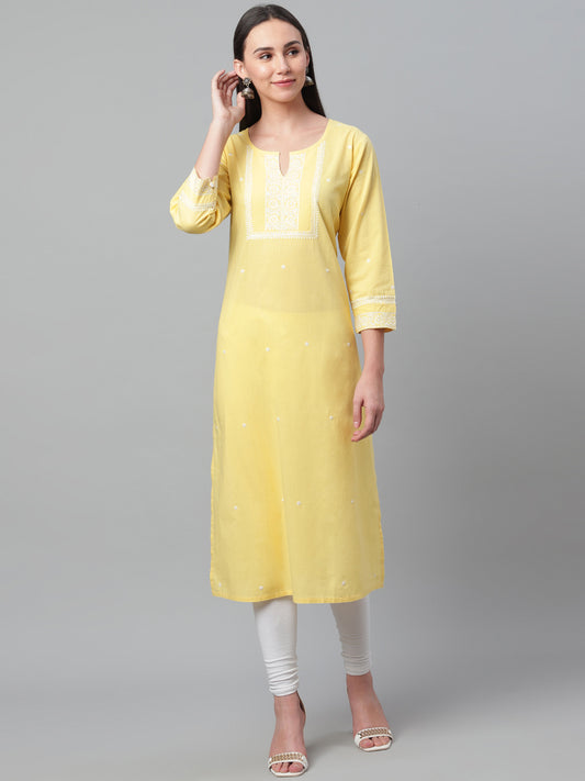 Lemon Yellow Long Chikankari Kurta