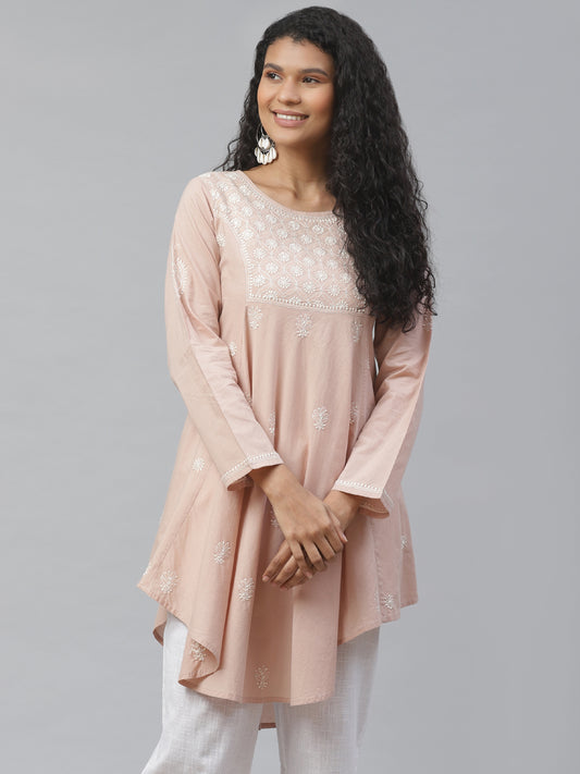 Beige & White Chikankari Asymmetric Kurta