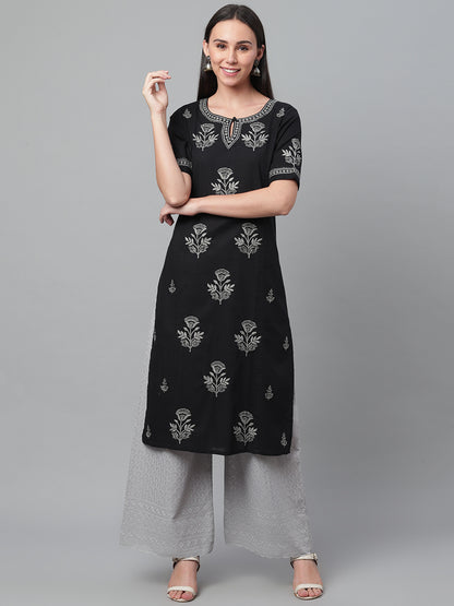 Black & Grey Chikankari Cotton Straight Kurta