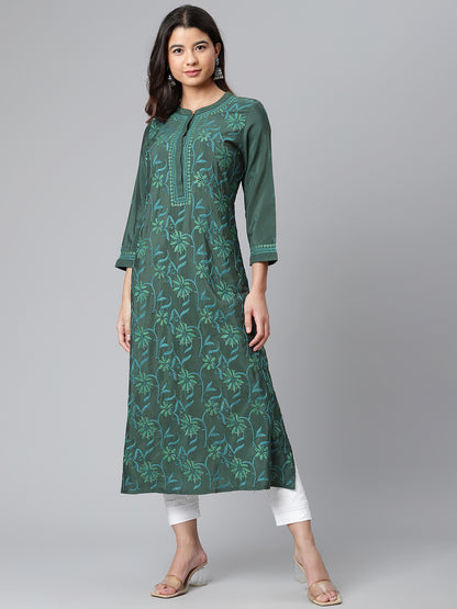Bottle Green Embroidered Poly Silk Kurta