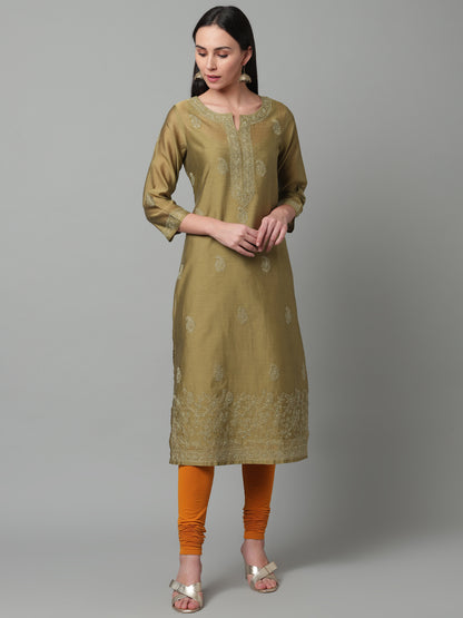 Olive Chanderi Silk Embroidered Kurta