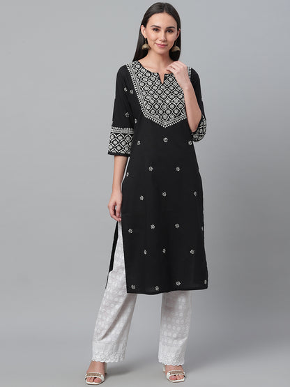 Black & White Embroidered Straight Kurta