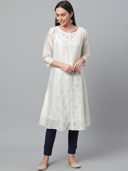 Off-White Chikankari Silk A-Line Kurta