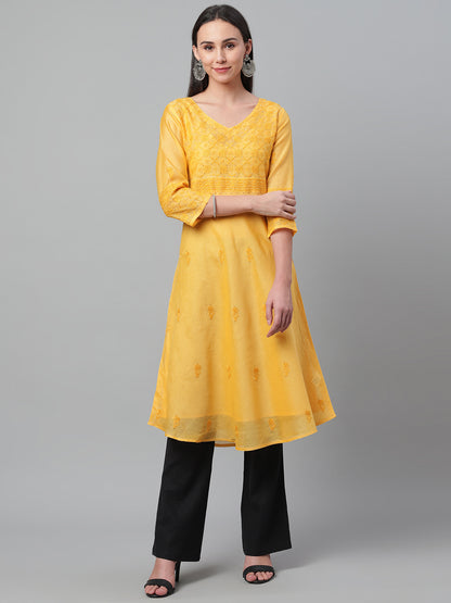 Yellow Chikankari Silk A-Line Kurta