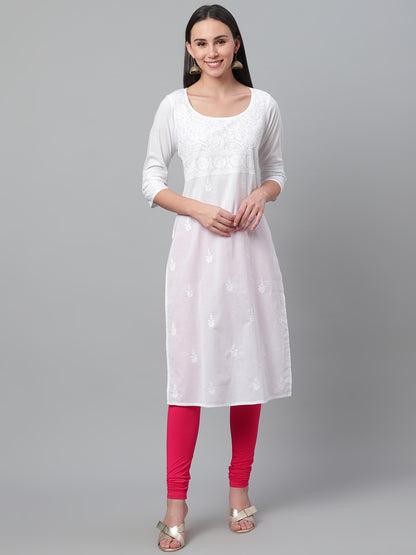 White Pot Neck Embroidered Kurta