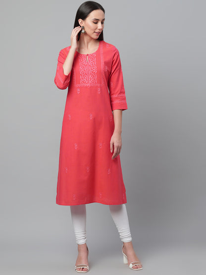 Mangalgiri Pink Embroidered Kurta with Pocket