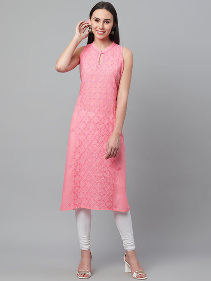 Pink Sleeveless Chikankari Collared Kurta