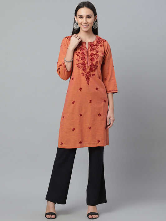 Rust Mangalgiri Embroidered Kurta
