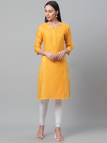 Yellow Chikankari Chanderi Kurta