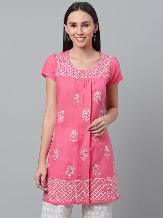 Pink Cotton Embroidered Short Kurta
