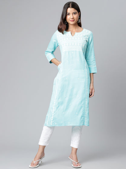 Sky Blue Self-Striped Chikankari Kurta