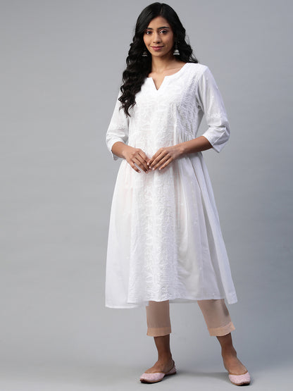 White Chikankari Flared Kurta with Side Gathers
