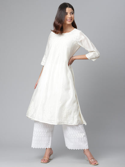 Off White Pure Chanderi Silk Chikankari Kurta